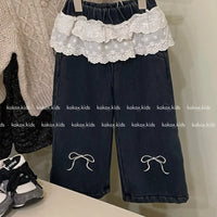 Jeans 2024 Girls Autumn Winter New Korean Lace Waist Bow Velvet Jeans Tide Teenage Girls Clothing Girls Pants