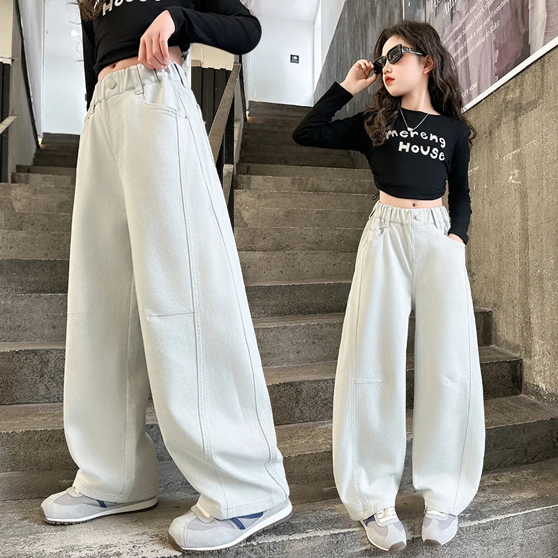 High quality plain color jeans for girls, spring and autumn 2025 new style, medium and large children's pants 4-16year