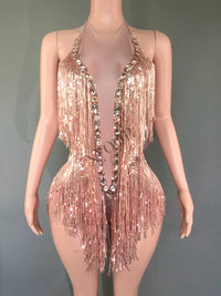Sparkly Hot Pink Crystals Sequins Fringes Bodysuit for Women Sexy Backless Dance Costume Dancer Performance Show Stage Wear