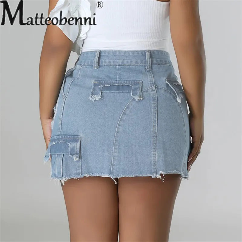 Women Midriff Four Buttons Splicing Denim Skirt New Summer Casual Ultra Short Half-body Dresses Female Trend Streetwear Washable