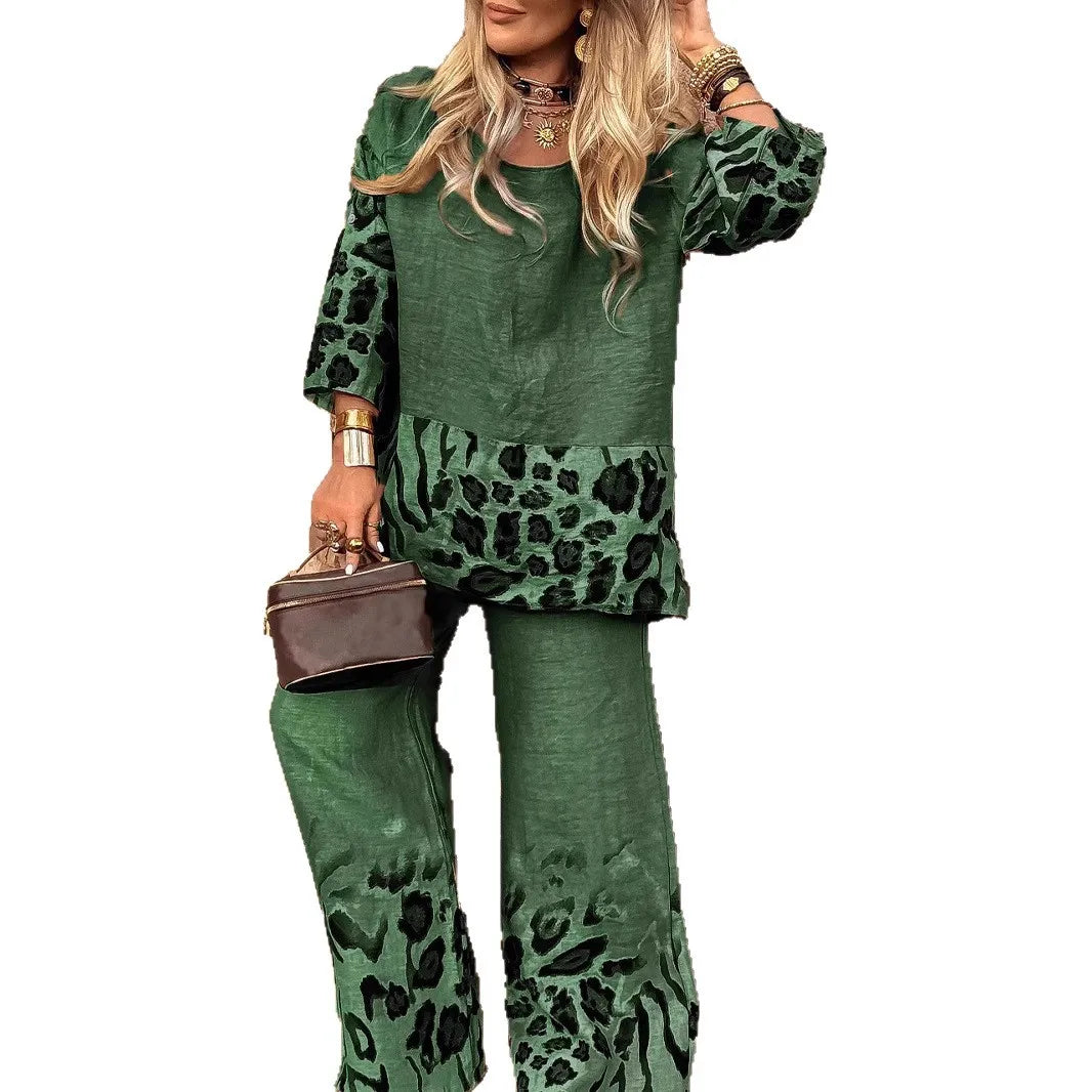 Fashion Leopard Print Set Lady Casual O Neck Three Quarter Tops+Wide Leg Pants Pieces Set For Woman Holiday Womens Clothing 2025