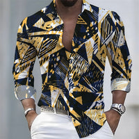 New men's artistic printed long-sleeved shirt, retro color-blocked design, casual shirt, versatile and stylish top for commuting