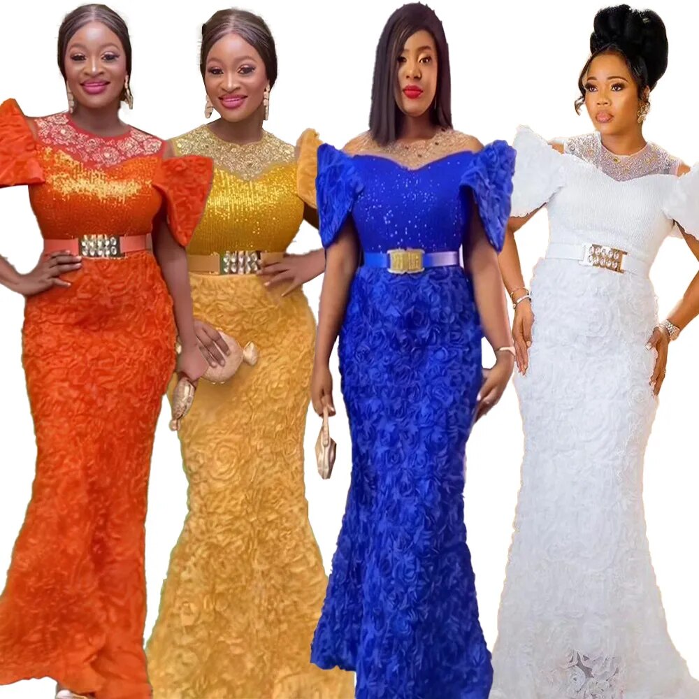 New african dresses for woman Mesh 3D embroidery Africa dress rhinestone sequin belt elegant evening dresses for women luxury