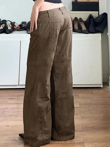 Brown Wide Leg Women's Jeans Y2K Grunge Style Low Rise Baggy Denim Pants Vintage Retro Casual Streetwear Korean Fashion Trousers