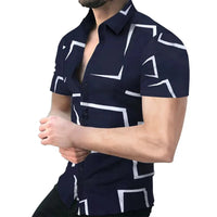 New Men's Shirts Fashion Stripes Print Short-sleeved Tees Summer Tops Men Turn-down Collar Button Casual T-shirt Clothing