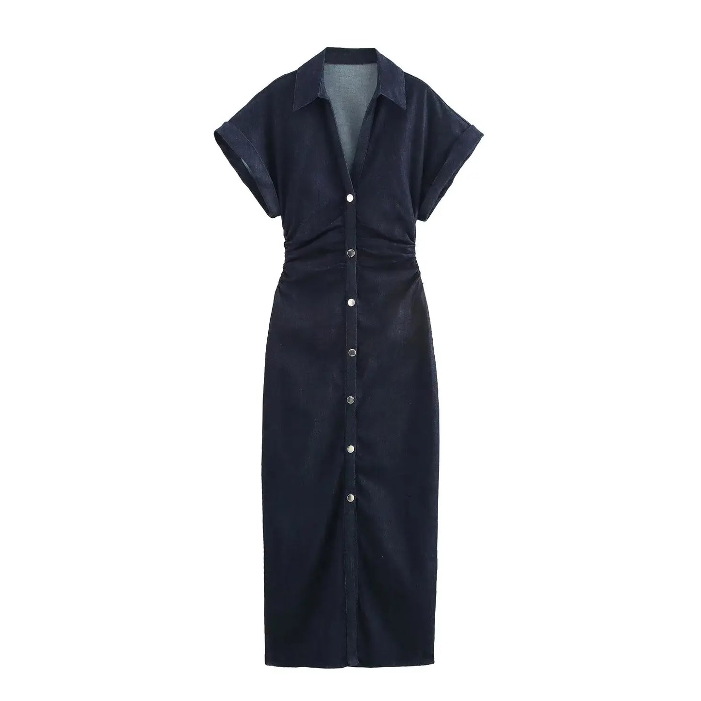 ETJ 2025  Spring New 1975 series denim MIDI dress with lapel side zipper fashion wrinkle waist slim elegant dress