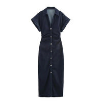 ETJ 2025  Spring New 1975 series denim MIDI dress with lapel side zipper fashion wrinkle waist slim elegant dress