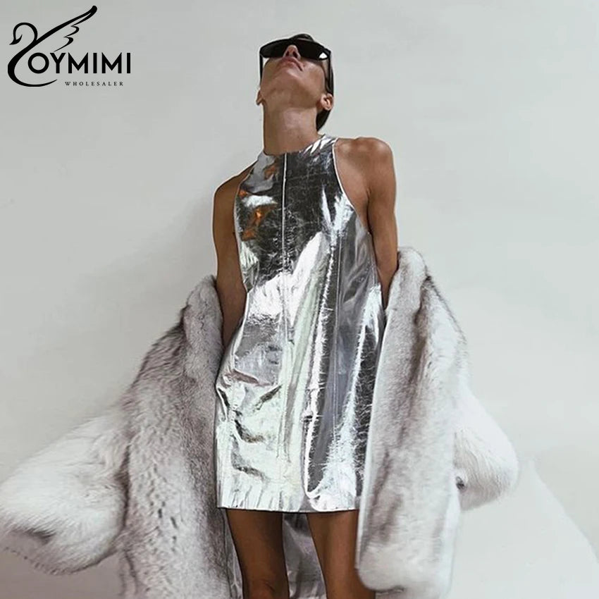 Oymimi Sexy Slim Sliver Pu Leather Dress Ladies Bodycon O-Neck Sleeveless Dress Elegant Classicc Party Dresses For Women 2023
