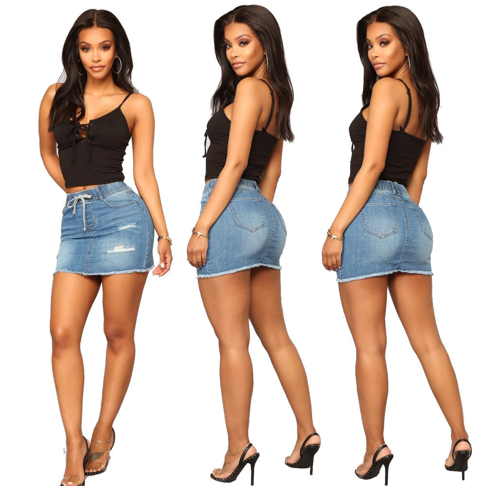 Sexy Ripped Tassel Denim Skirt Women Summer Fashion Lace-up High Waist Stretch Jean Mini Skirt Woman Vintage Blue Bodycon Skirts