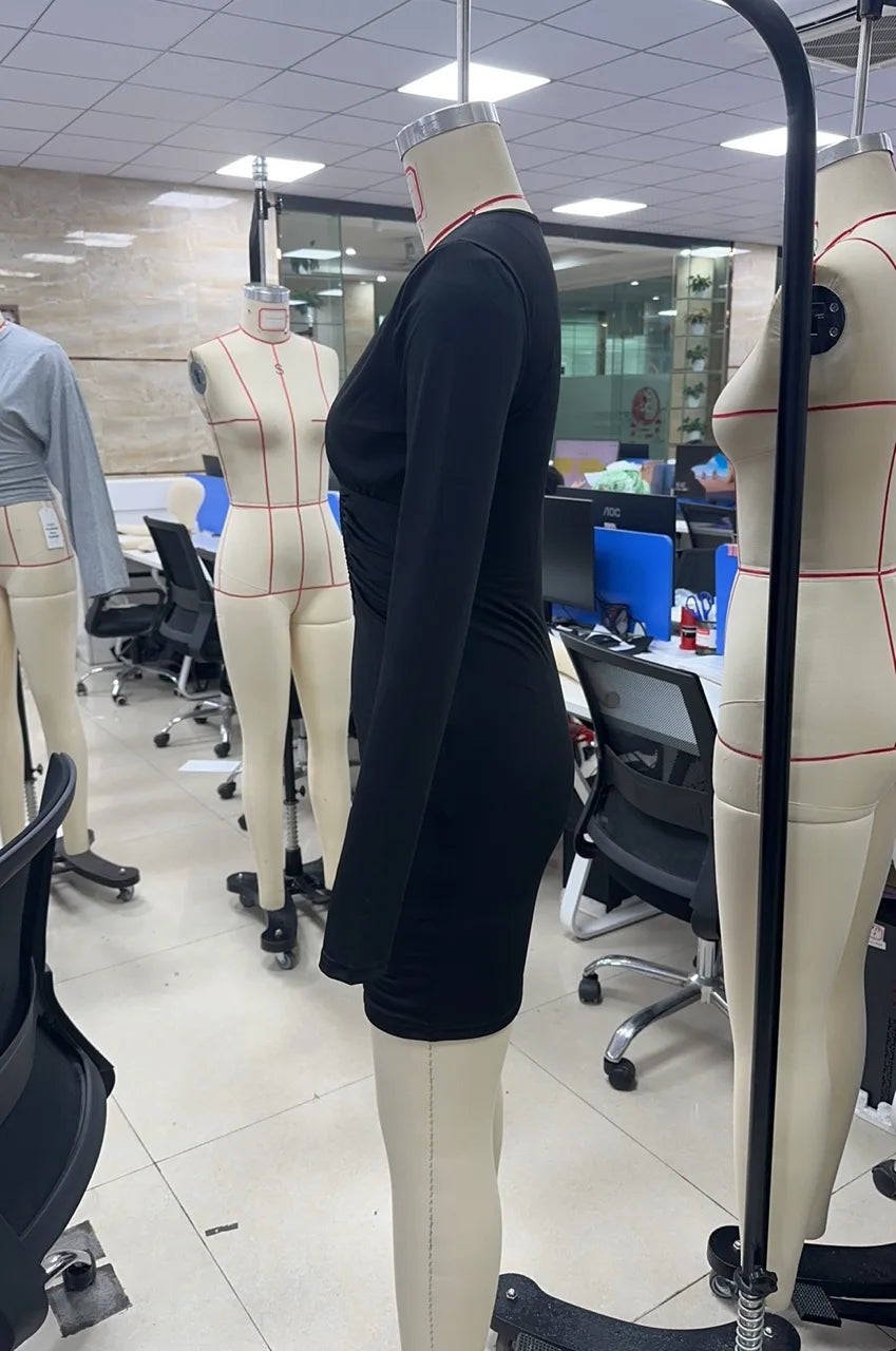 Women's Long Sleeve Dress Slim Fit Stylish Solid Color Deep V Neck Mini Bodycon Dress for Fall