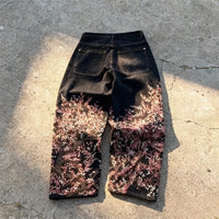 Y2K Baggy Jeans Oversized Cherry Blossom Embroidery Harajuku Vintage Wide Leg Pants Gothic Men Women Hip Hop Straight Leg Pants