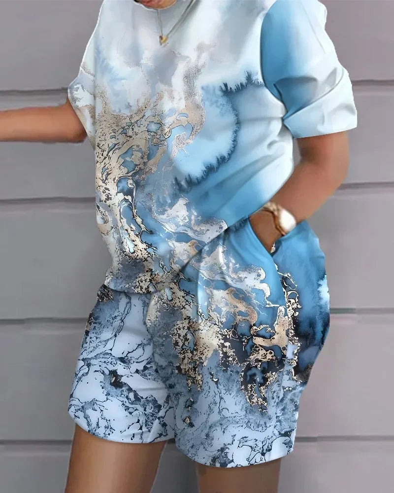 Women Print Two Piece Shorts Sets Matching Sets Short Sleeve T Shirts Pockets Elastic Waist Trousers Y2k Tops Suits Summer 2025