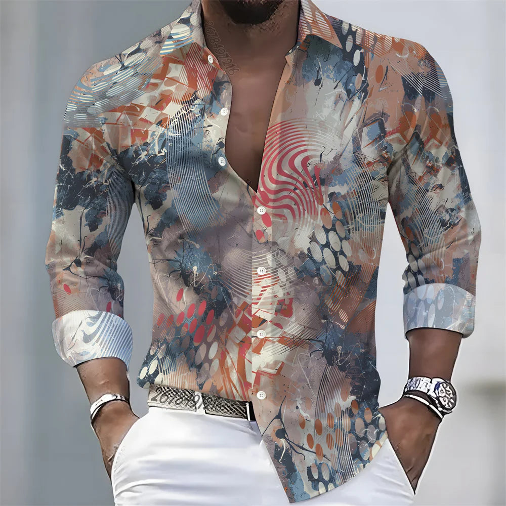 Summer lightweight men's printed long-sleeved shirt, retro floral plaid color-blocked casual shirt, Hawaiian vacation style top.