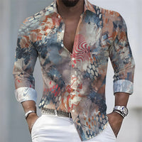 Summer lightweight men's printed long-sleeved shirt, retro floral plaid color-blocked casual shirt, Hawaiian vacation style top.