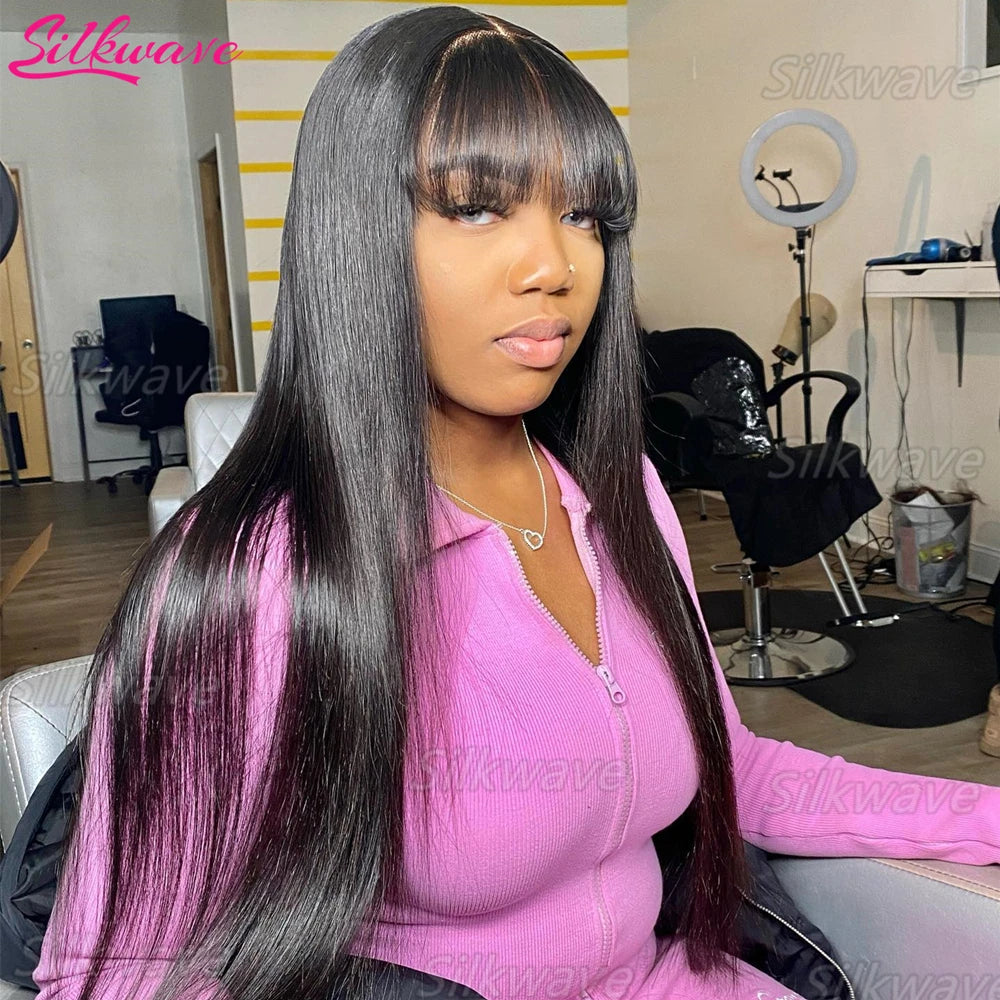 Silkwave Bone Straight Human Hair With Bangs 3x1 Lace Middle Part Wigs For Black Women Brazilian 30 32 Inch Cheap Glueless Wig
