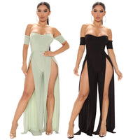 2022 Casual Street Slash Neck Slim Summer Fashion Lady Shinny Long Pant Jumpsuits Bandage Sexy Rompers