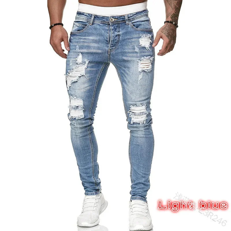 2023 White Embroidery Skinny Ripped Jeans Men Cotton Stretchy Slim Fit Hip Hop Denim Pants Casual Jeans for Men Jogging Trousers