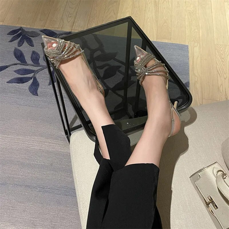 New Pointed Toe Rhinestones Women Sandals Female Transparent Thin High Wedding Shoes Ladies Sexy Pu Buckle Straps Pumps 2022