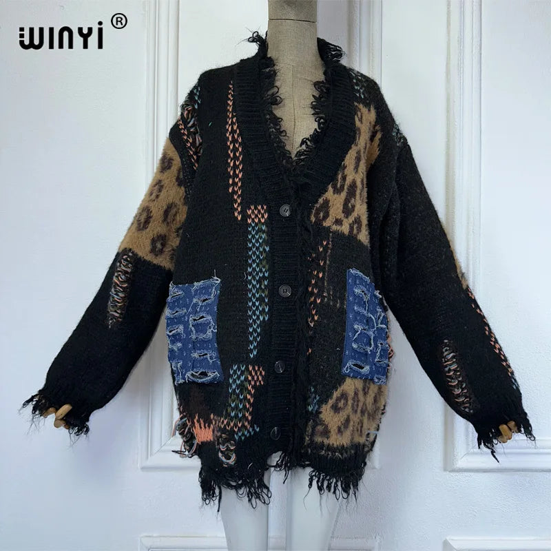 WINYI Make old holes and knit winter cardigan woman kimono party dress vintage abaya dubai luxur winter outfits for women coat