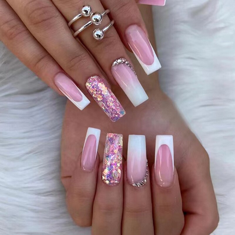 24pcs False Nails with glue flower design Long Coffin French Ballerina Fake Nails Full Cover acrylic Nail