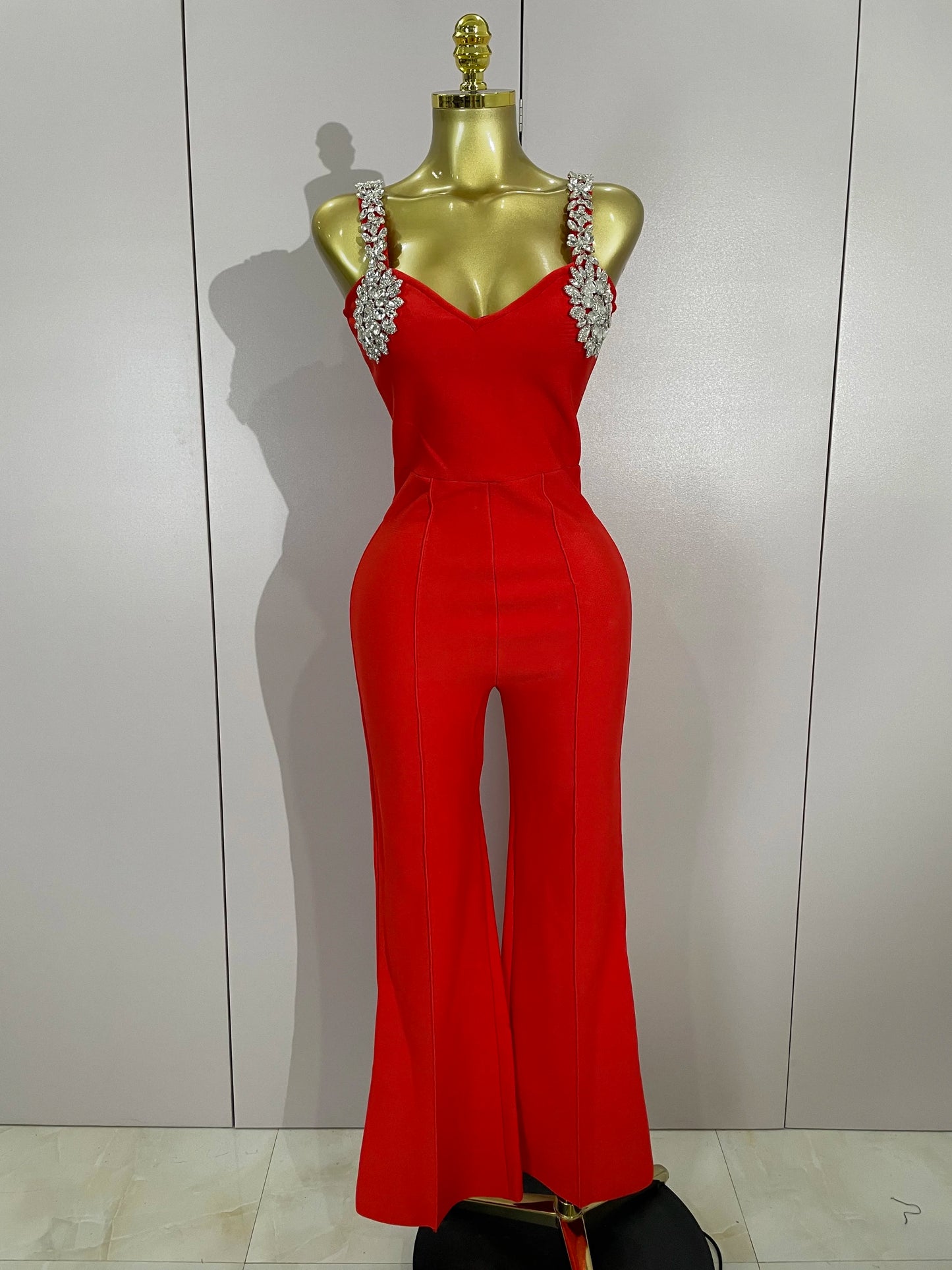 Shining Diamonds Womrn Sexy V-Neck Sleeveless Bandage Jumpsuit Celebrity Elegant Evening Party Club High Quality Birthday Outfit