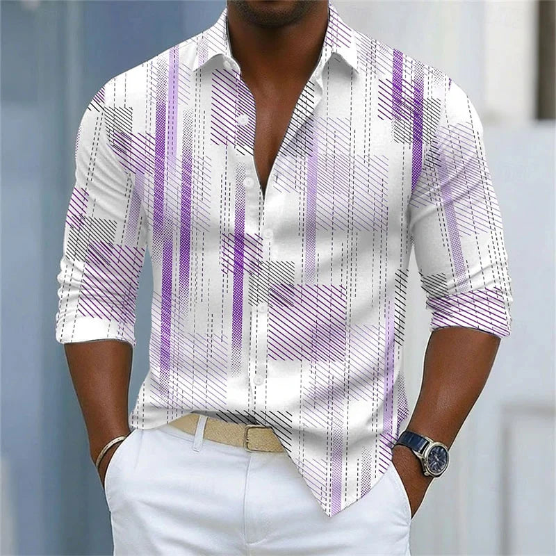 Men's shirt with simple geometric lines printed in contrasting colors, loose long sleeved top, daily casual versatile shirt