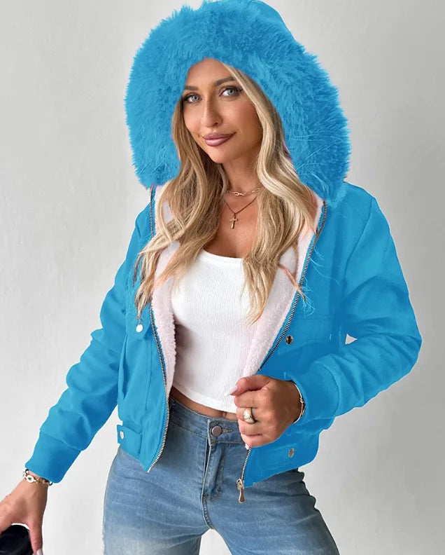 Large Fur Collar Hooded Zipper Sweatshirt Women's Jacket Winter Vintage Casual Hoodies Short Coat for Female Outfits Streetwear