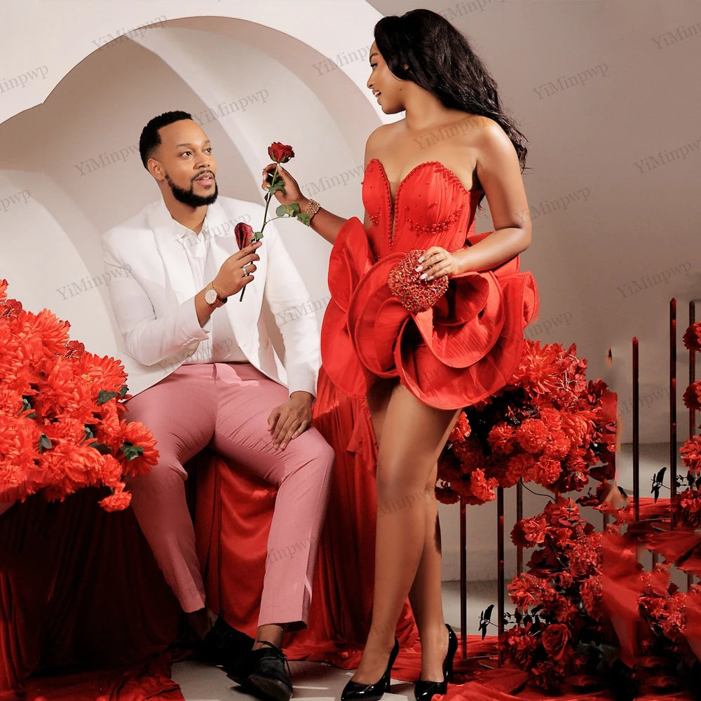 Red Ruffle Mini Cocktail Dress 2026 New Curly Flower Unique Birthday Party Dresses Women Short Beaded Prom Dress Customized