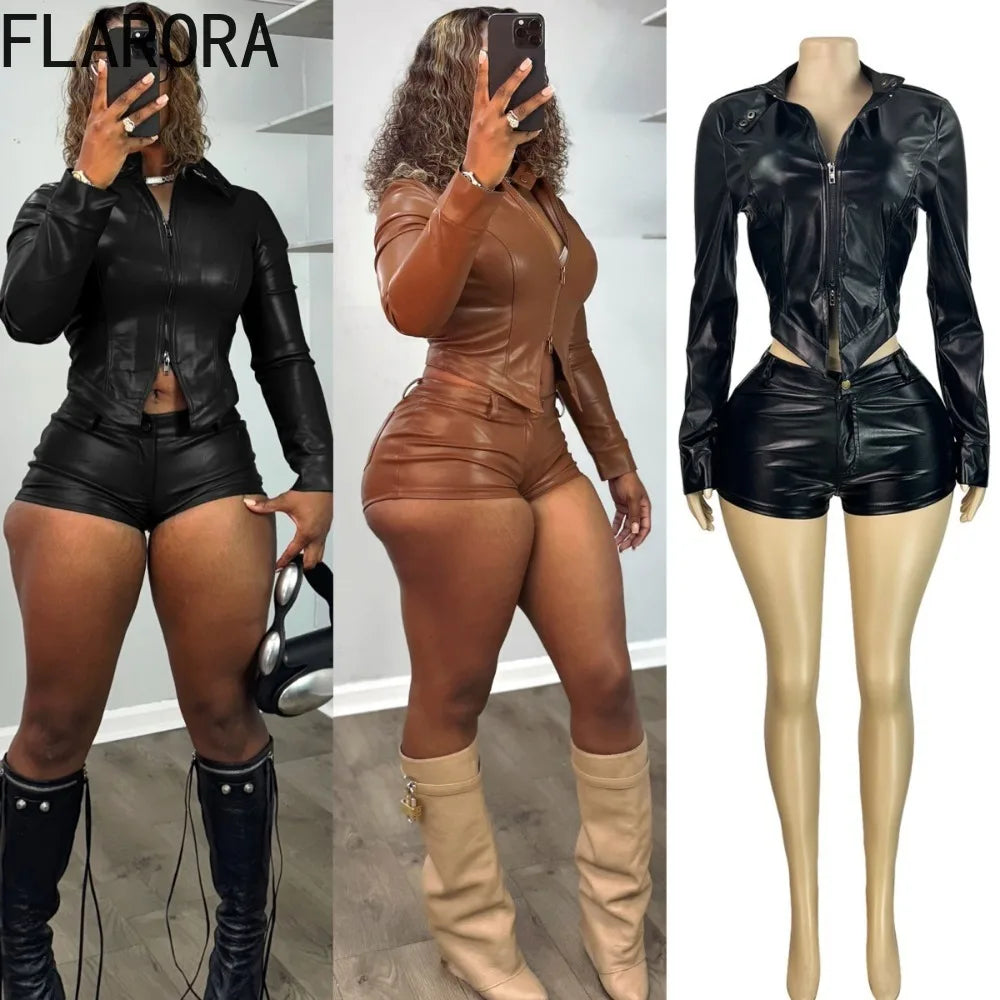 FLARORA Vintage Moto PU Leather 2 Pcs Sets Woman Lapel Long Sleeve Zip Crop Jackets And Skinny Shorts Y2k Street Bike Tracksuits
