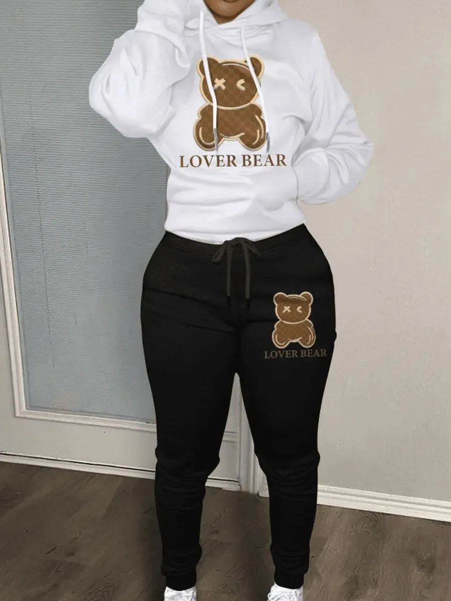 LW Lovely Bear Letter Print Kangaroo Pocket Tracksuit Set Long Sleeve Hoodie+Drawstring Trousers Women Two Pieces Matching Suits