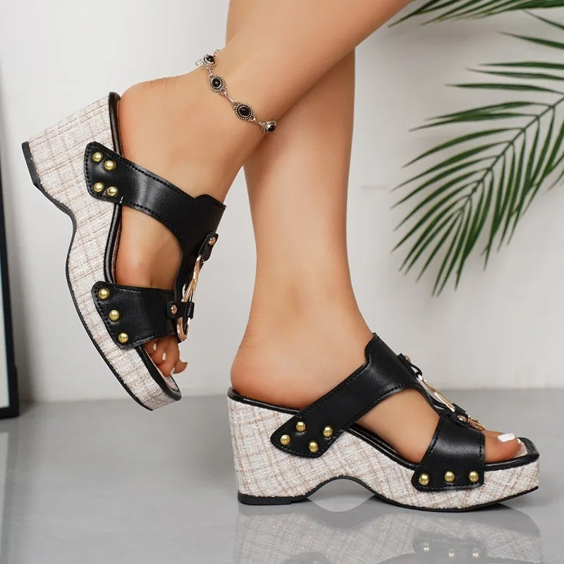 Women Slippers Summer 2026 New Fashion Slip on Platform Wedge Shoes Casual Comfortable Square Toe Peep Toe Women Sandals