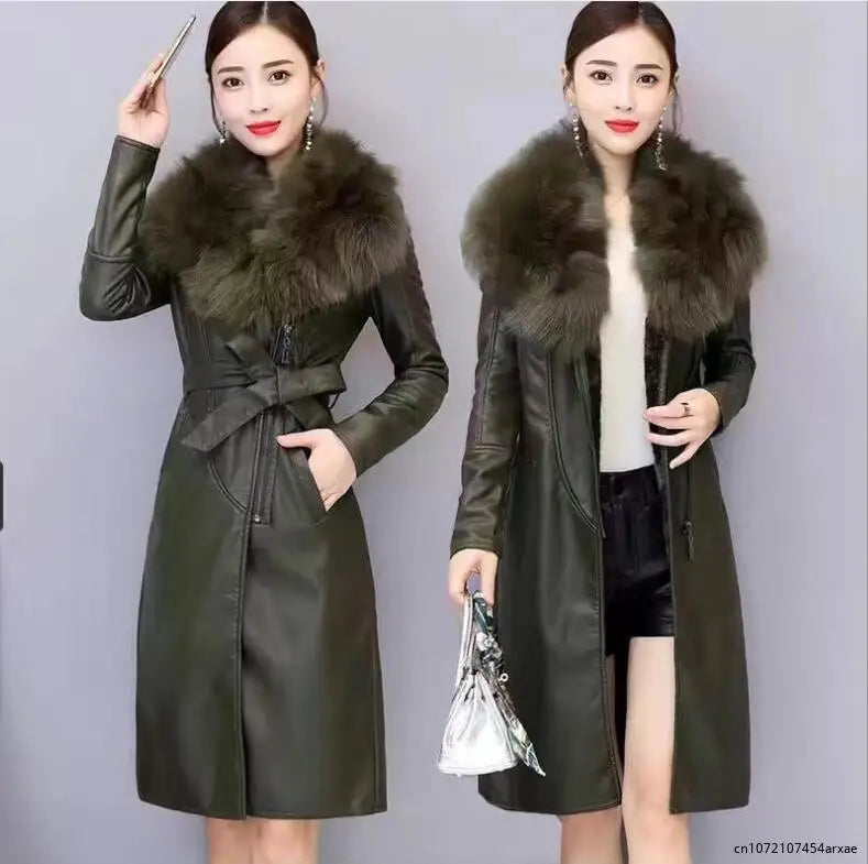 Winter Faux Fur Collar Leather Long Loose Coats Coat Female Jacket Parka Women Femme Rabbit Mink Sheepskin Fashion Fox