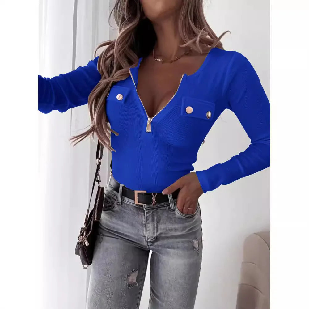 Y2K women's fashion simple slim top new V-neck long-sleeved casual T-shirt elegant zipper autumn and winter threaded knitted top