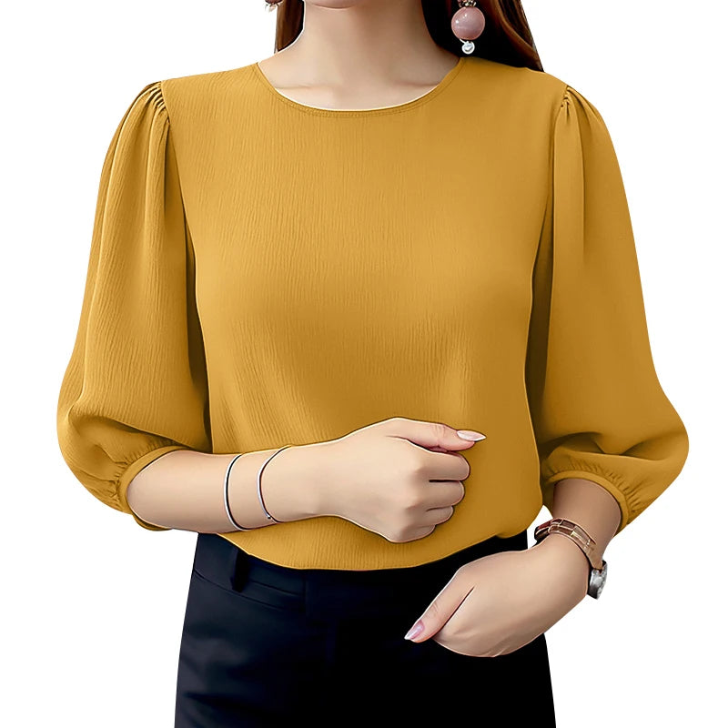 ZANZEA Women Crinkled Texture Puff Sleeve Blouse, Elegant O Neck 3/4 Sleeve Blusas Mujer, Summer Fashion Solid Color Casual Tops