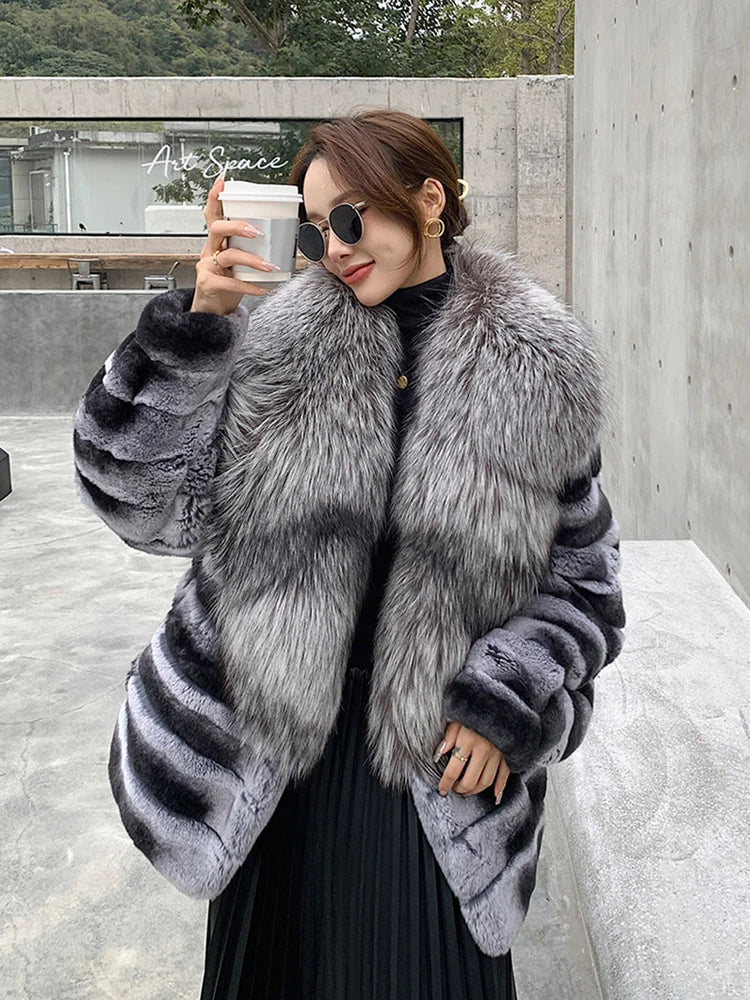 Furyoume Winter Women Real Rex Rabbit Fur Coat Thick Warm Natural Fur Jacket With Fox Fur Collar Luxury Chinchilla Overcoat