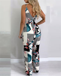 Sexy Women Wide Leg Long Pants Jumpsuit Floral Printed Sling V-Neck Low Chest Loose Romper