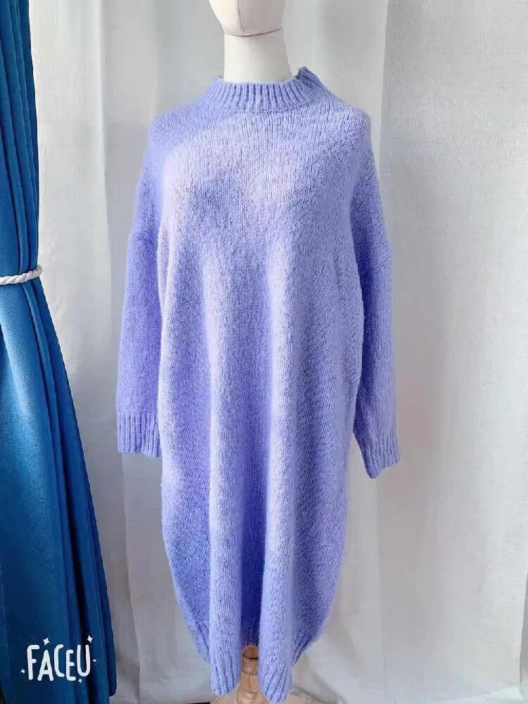 Winter Women Dress Fall Sweater Women Dress Long Sleeve Knitted Dresses Maxi Vintage Oversize Dresses Knitting Thick Warm Purple