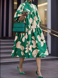 Yeezzi Women's Floral Printed High Neck Party Evening Midi Dresses Half Puff Sleeves Loose Elegant Wedding Banquet Pleated Dress