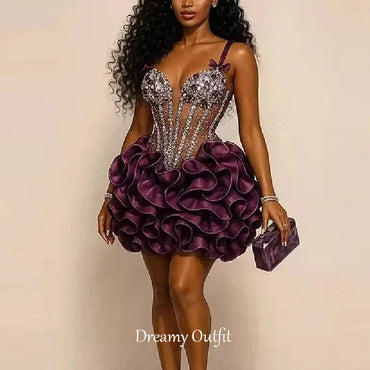Dreamy Customized Prom Dresses Formal Party Gowns Short With Spaghetti Straps Beads Bows Crystals Tiered Sexy Birthday Dress
