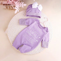 Ylsteed Newborn Photography Romper Jumpsuit with Bow Hat 'Hello World' Embroidery Infant Props for Coming Home Outfit Baby Gift