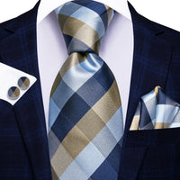 Hi-Tie Designer Silk Wedding Tie For Men Blue White Plaid Handky Cufflink Set Fashion Necktie For Men Business Party Wholesale