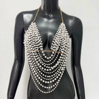 New Variety Of Body Chain Temperament White Pearl Suspender Silver Chain Top Metal Layered Fashionable Women's Clothing