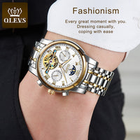 OLEVS Watch For Men Luxury Automatic Skeleton Mechanical Men Watches Waterproof Moon Phase Wristwatch Stainless Steel Men Watch