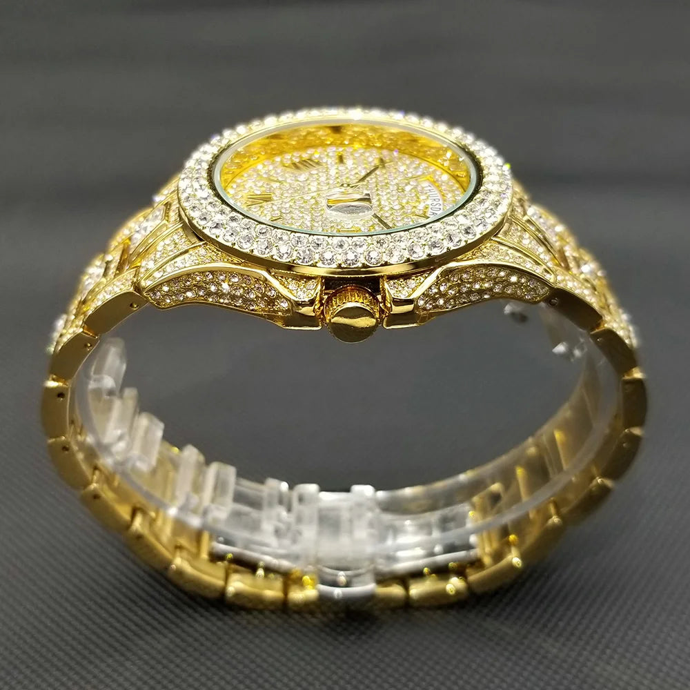 TikTok Hot Diamond Wristwatch For Men Luxury 18K Gold Plated Quartz Watches Day Date Nightclub Party Watch Unisex Rapper Jewelry