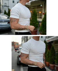 2025 new Fashion Fitness Training T-shirt Men's Summer Sports Leisure Round Neck Elastic Short Sleeve Vertical Stripe T-shirt