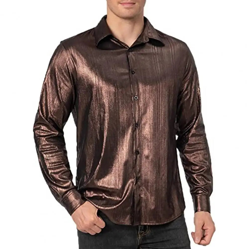 2025 Shirt Men Button Metallic Disco Shirt 70s Costume Men Gold Shirts For 70s Party Nightclub Wear Music Festival Men's Top