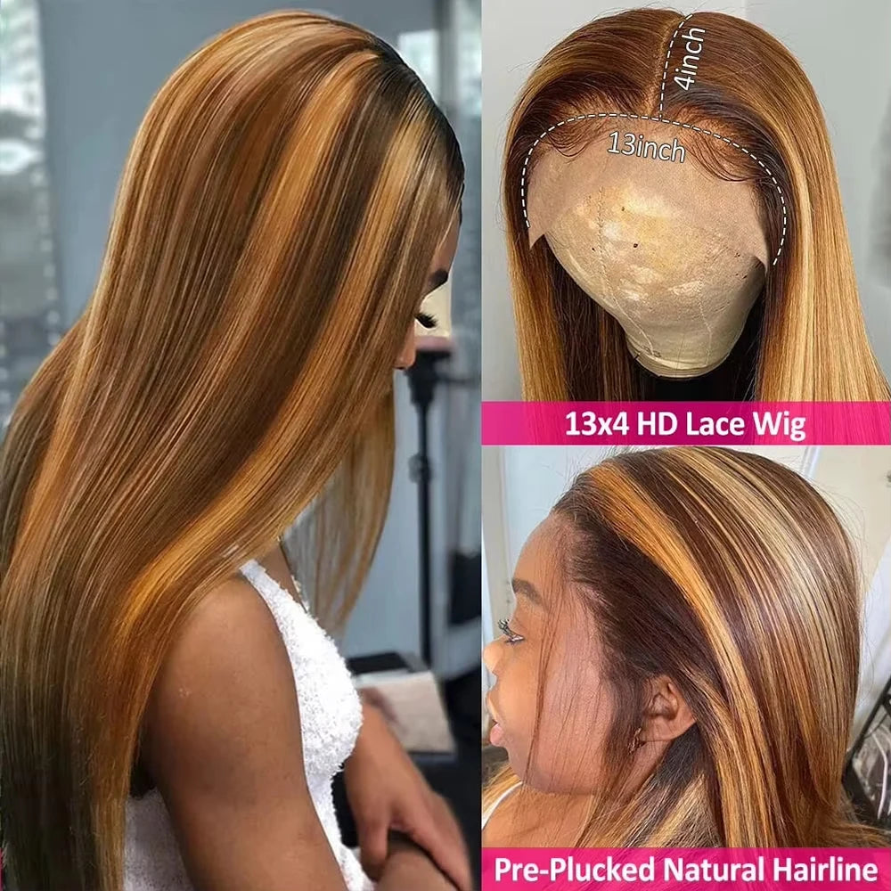 P4/27 Highlight Straight Human Hair Wig 13x6 Lace Pre Plucked Brazilian Blonde P4/27 Colored Human Hair Wig 46 Inch For Women