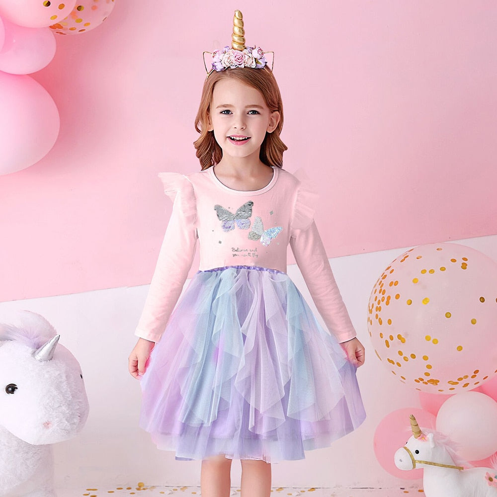 DXTON Princess Kids Dress Heart Sequined Girls Dress Winter Long Sleeve Children Clothing Tutu Flare Sleeve Kids Party Dresses