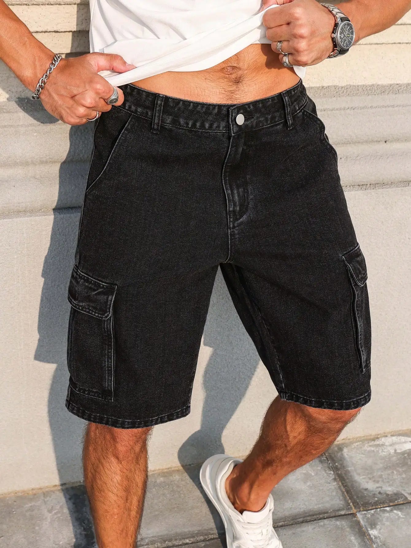Men's summer denim black shorts. Workwear style. For daily leisure. Creating a trendy street - style look.
