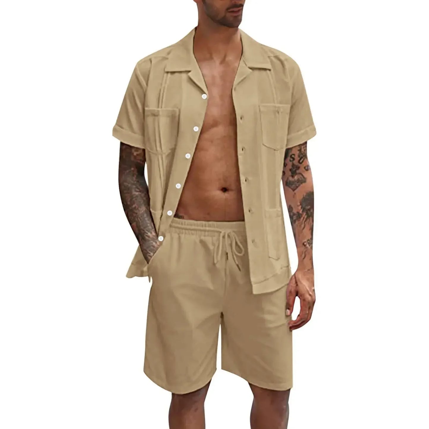 New Men's Summer Casual Sport 2 Piece Sets Fashion Cotton Linen Short Sleeve Shirt and Shorts Suit Men Loose Sport Shirt Outfits